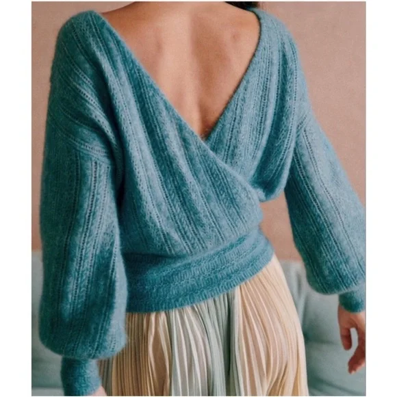 SEZANE Blue Mohair Wool V Neck Crossover Cristina Sweater Balloon Sleeve Jumper - Picture 13 of 17